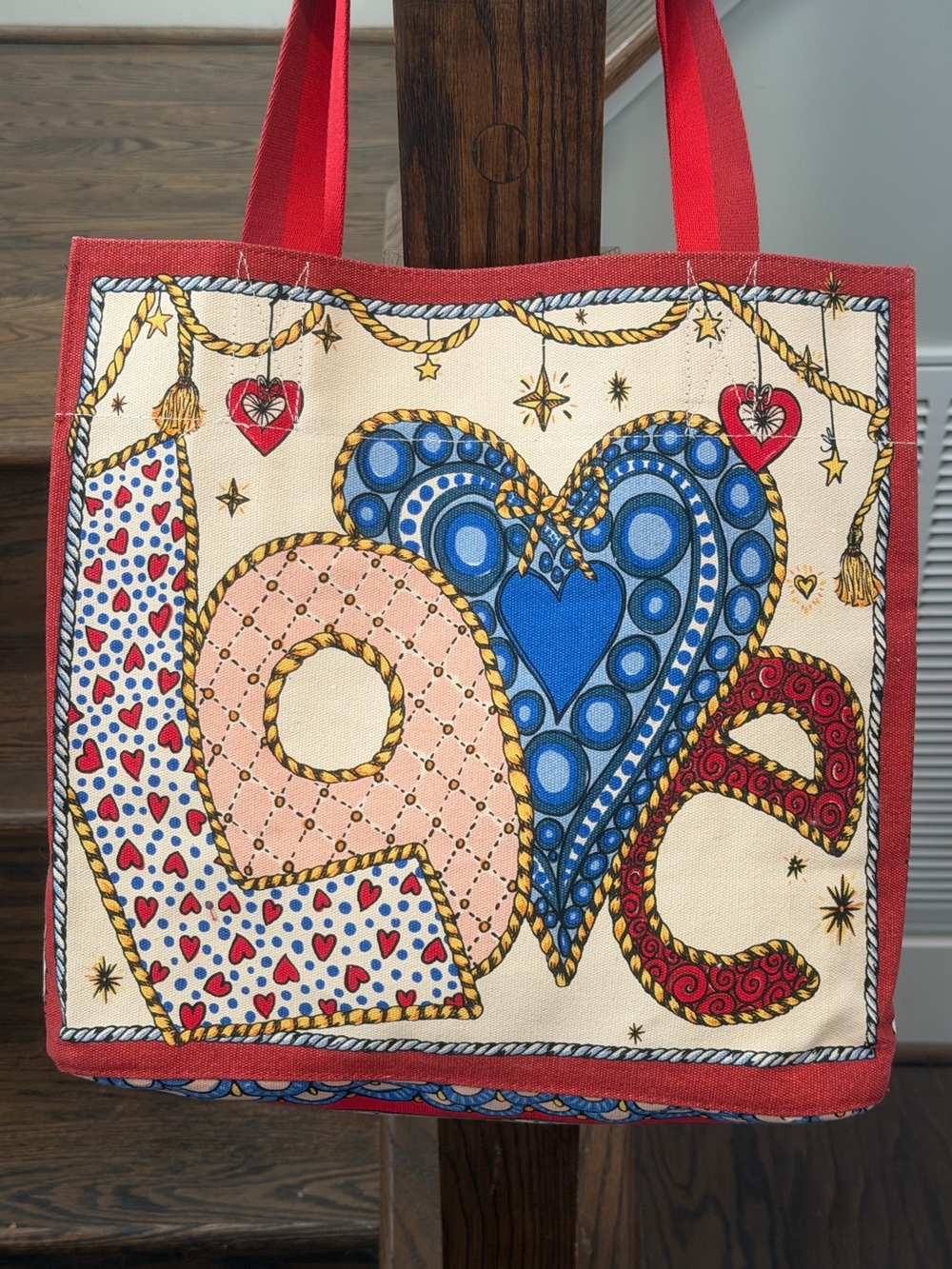 Brighton Love Heart Holiday Tote Bag Canvas Reversible Shopper Red Handles - Picture 5 of 13